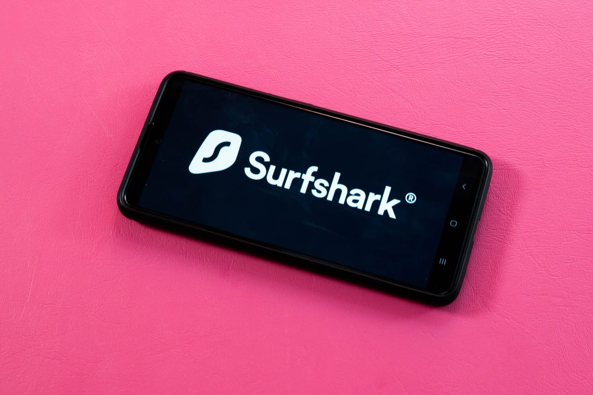 Surfshark logo on a phone