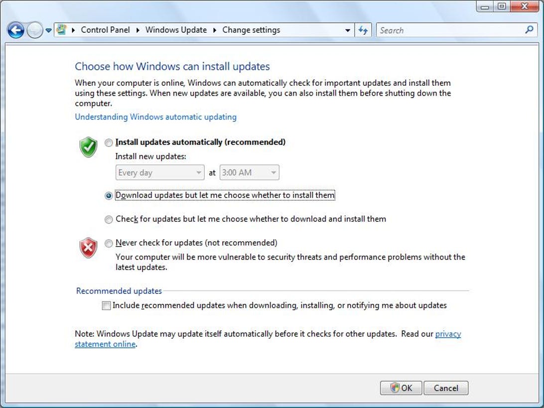 Vista's Windows Update settings dialog box