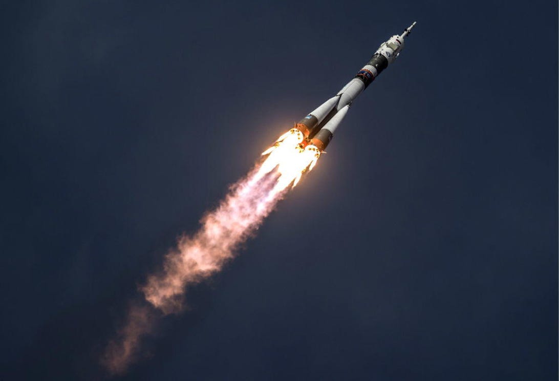 Launch of Soyuz-FG rocket carrying Soyuz MS-09 spacecraft from Baikonur Cosmodrome