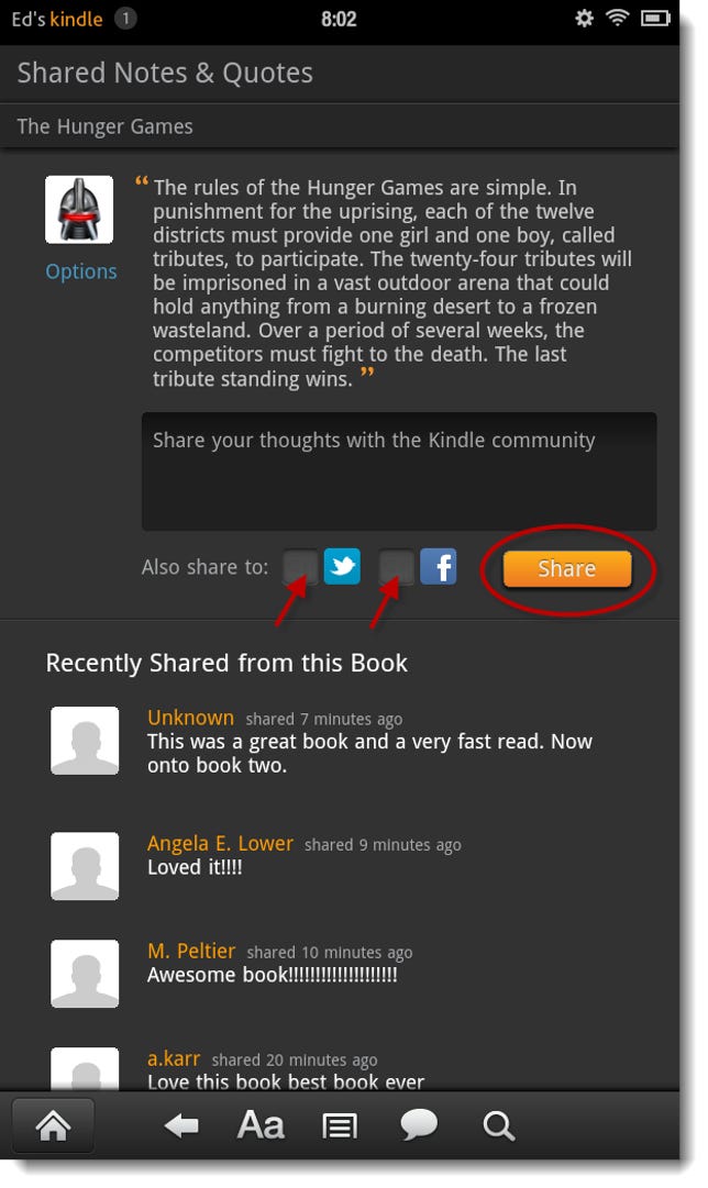 Kindle Fire sharing options