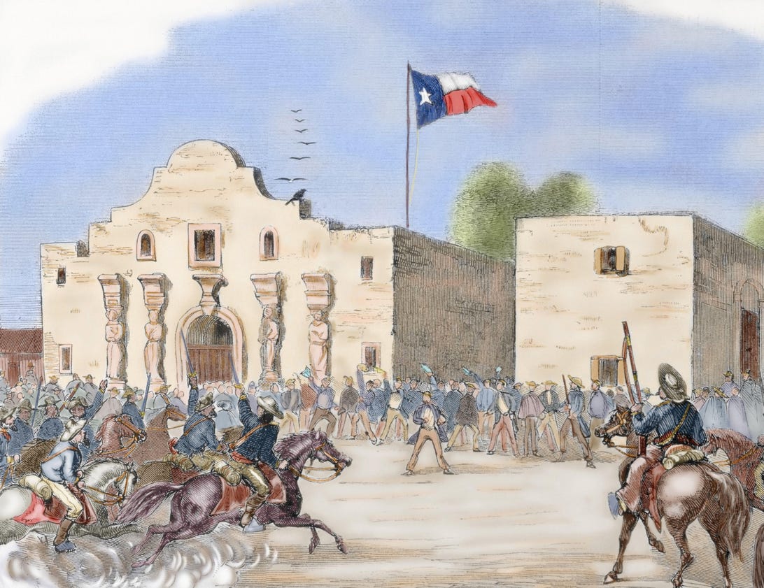 USA. Annexation of Texas. Texas State Flag waving over The Alamo, San Antonio, after being admitted to the Union. 1845. Colored engraving.