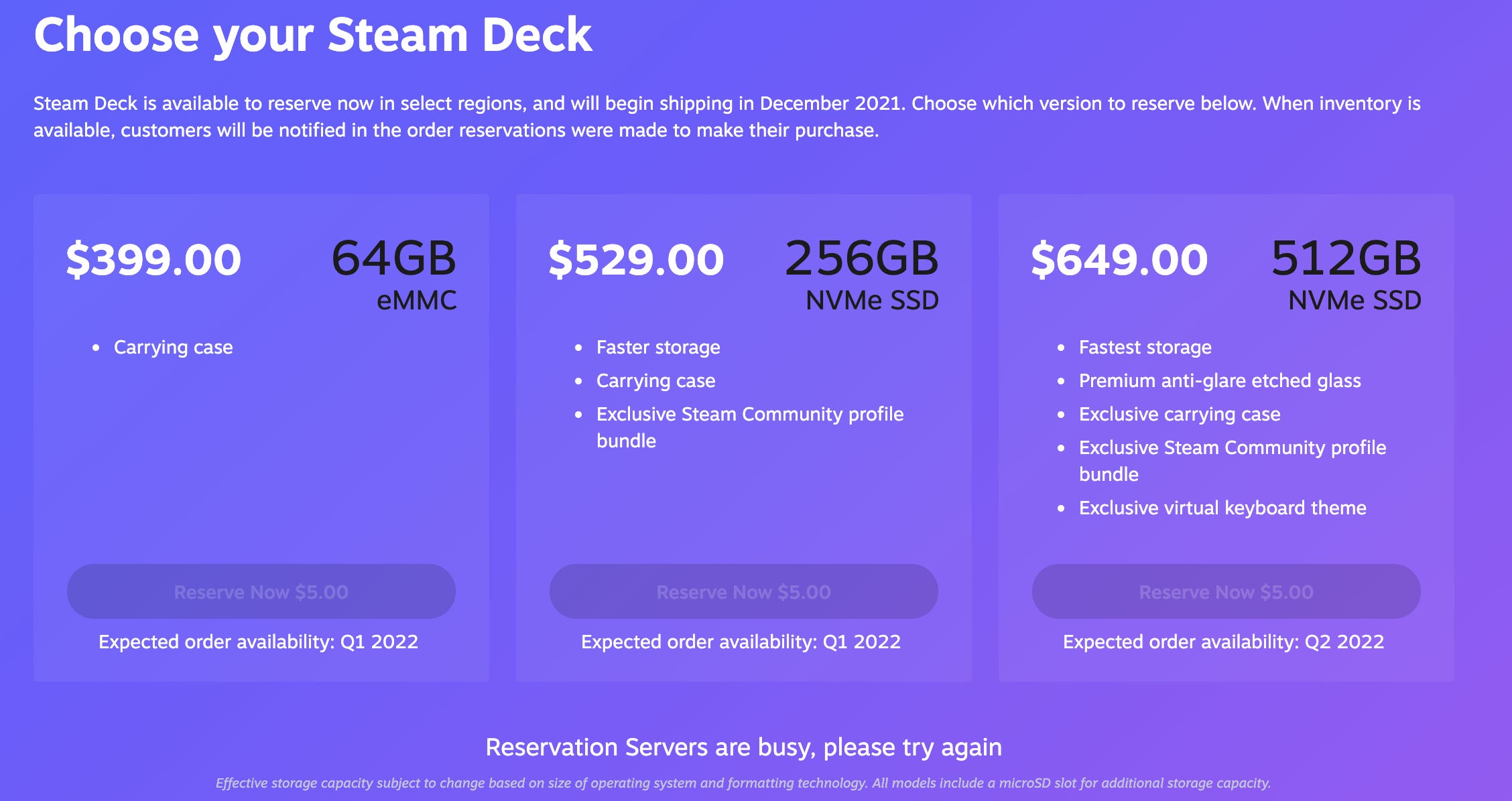 What the Steam Deck booking page looks like after the first wave of orders