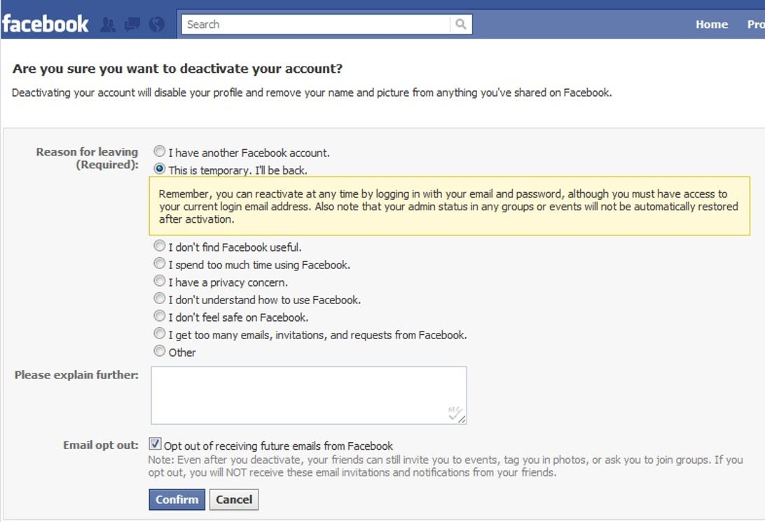 Facebook account-cancellation page