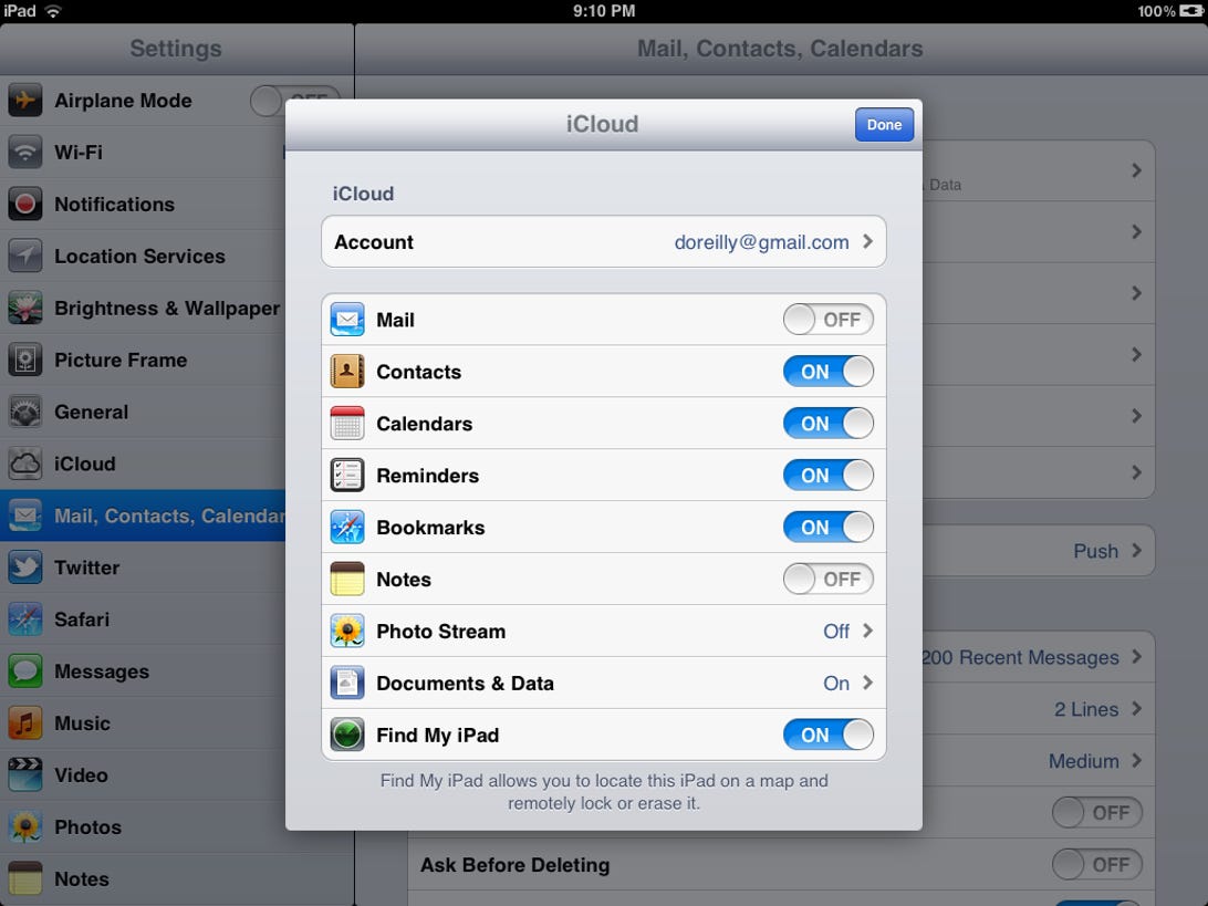 iPad Settings for iCloud