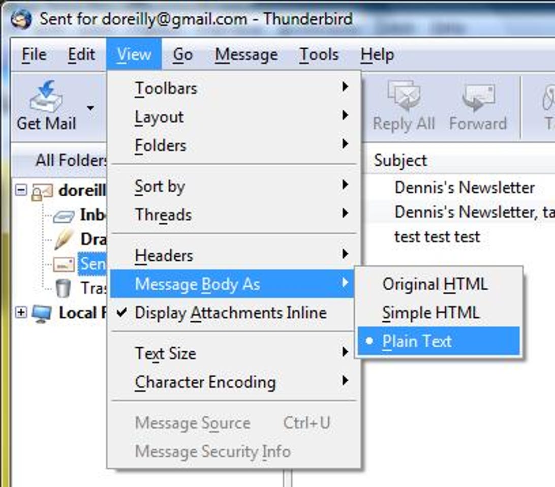 Mozilla Thunderbird option to view messages as plain text