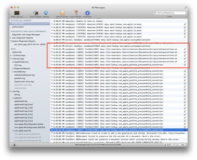Sandboxing errors in the OS X console