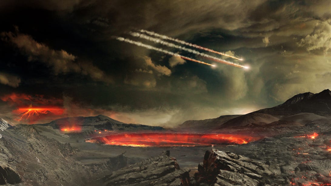 NASA illustration of meteors crashing into the early Earth