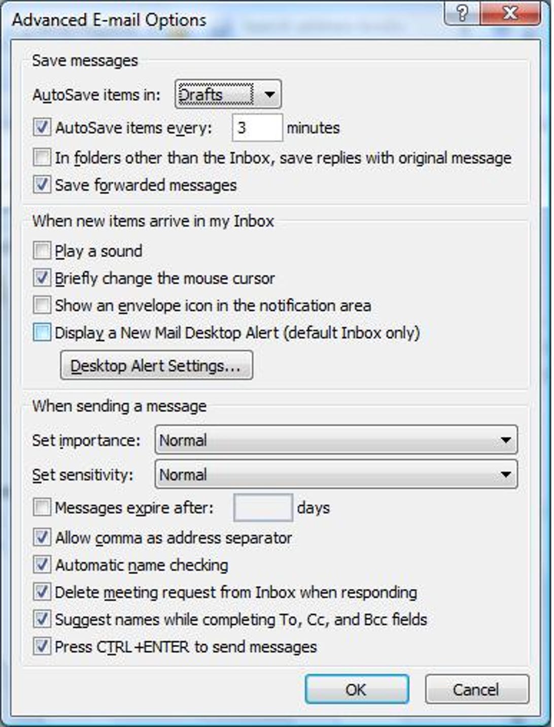 Microsoft Outlook 2007 Advanced E-mail Options dialog