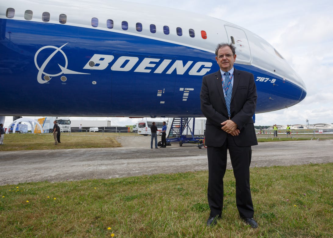 Capt. Randy Neville, Boeing's 787 chief pilot, stands in front of the 787-9.