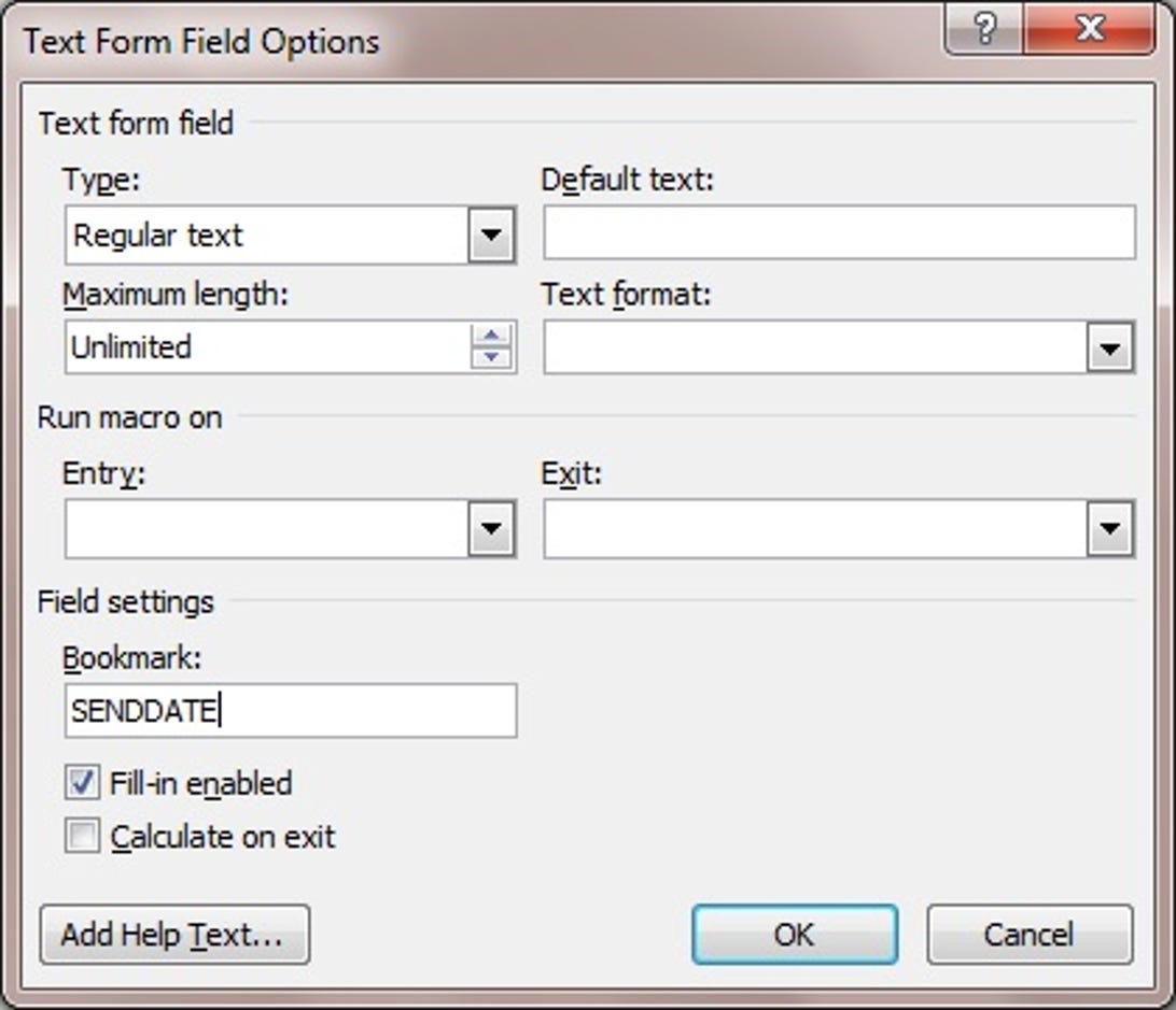 Microsoft Word Text Form Field Options dialog box