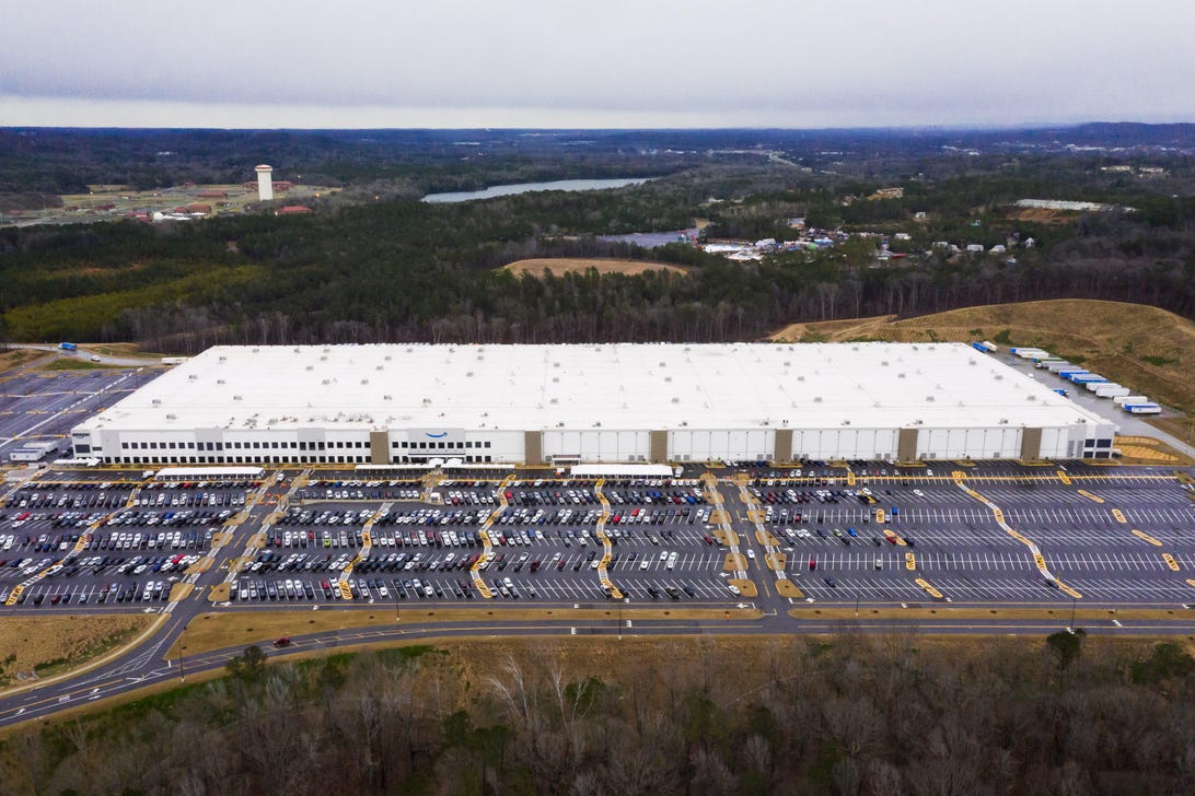 Aerial view of the Amazon warehouse in Bessemer, Alabama