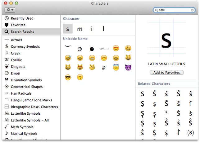 Character search in OS X