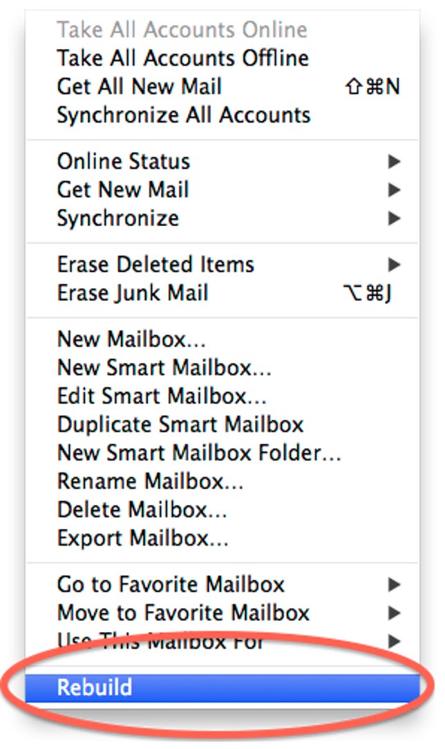 Rebuild mailbox menu option in OS X Mail.