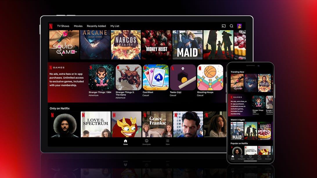 A picture shows the new user interface of Netflix's app with a games row