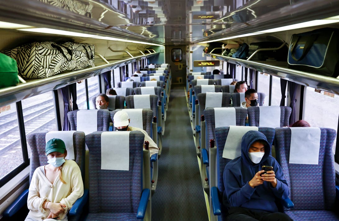 Scattered riders aboard an Amtrak train