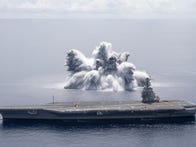<p>A large explosion in the water is the first of the US Navy's "Full Ship Shock Trial" for the USS Gerald R. Ford warship.</p>