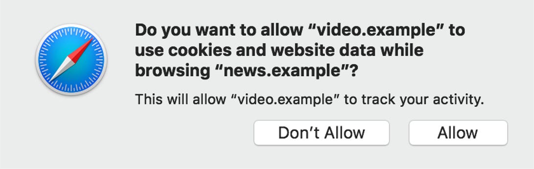 A popup prompt says, "Do you want to allow 'video.example' to use cookies and website data while browsing 'news.example'? This will allow 'video.example' to track your activity." The prompt offers the options "Don't Allow" and "Allow."