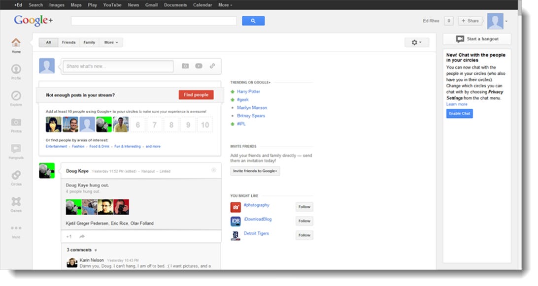 Google+ layout, left-justified