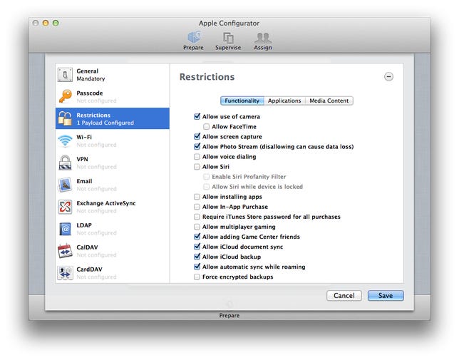 Apple Configurator profile settings