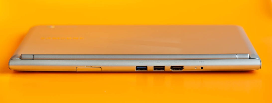 The back of the Samsung Chromebook is where the ports are located: USB 2.0, USB 3.0, and HDMI 1.4. There's also a SIM card slot and power plug.