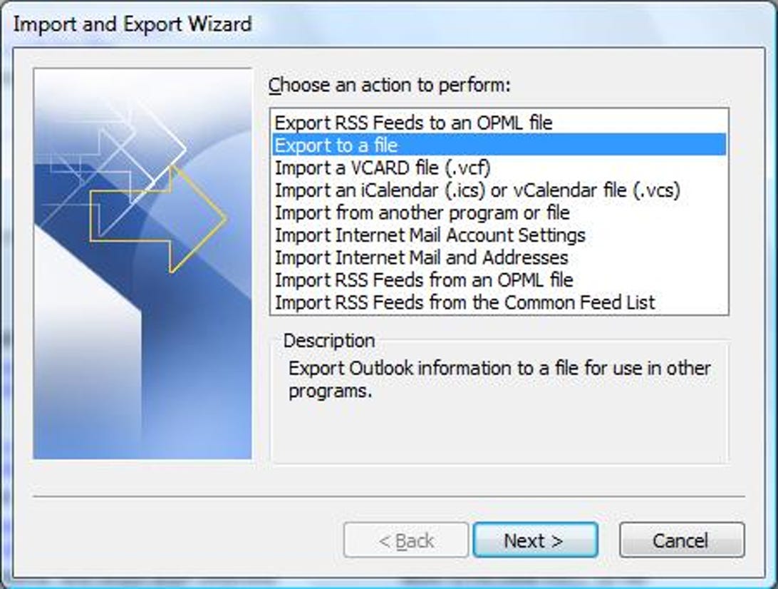 Microsoft Outlook's Import and Export wizard