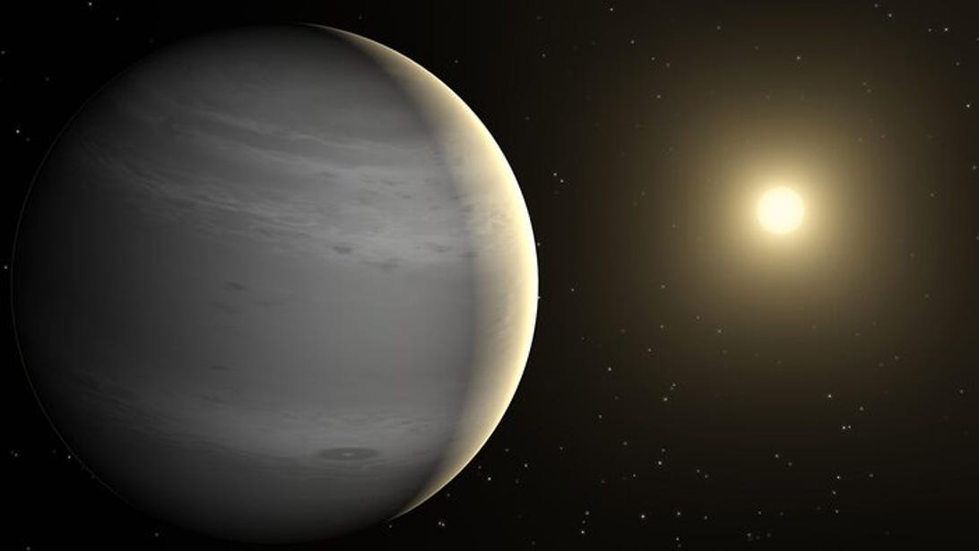 Illustration of a gas giant exoplanet orbiting a G-type star