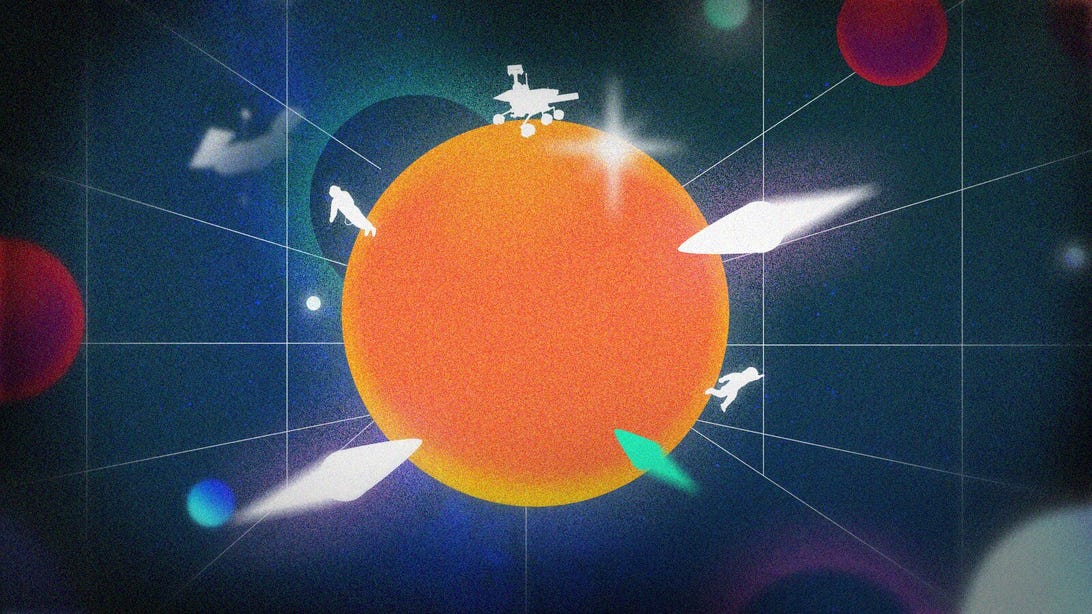 Saulės, planetų ir objektų erdvėje iliustracija