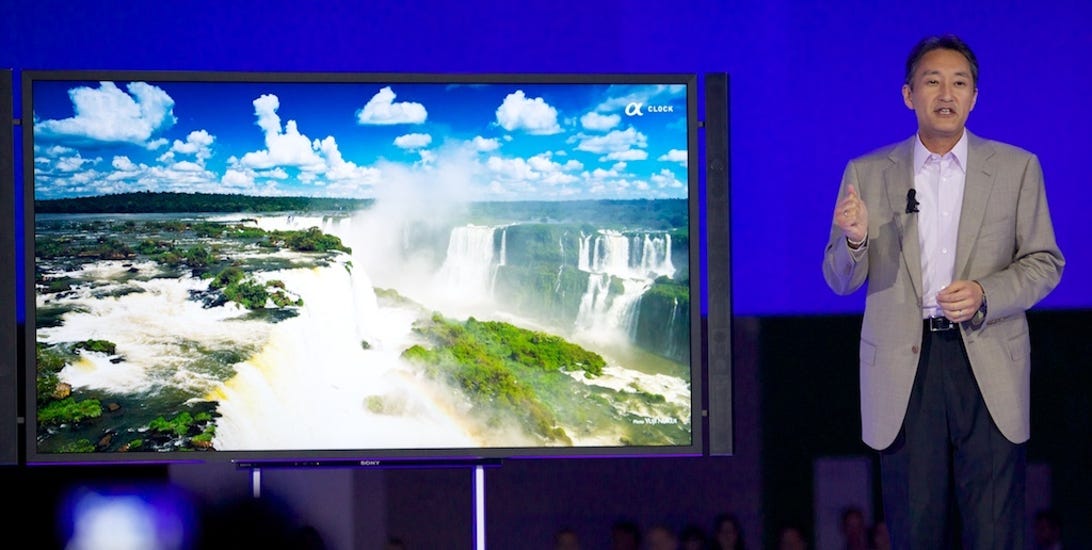 Sony CEO Kazuo Hirai reveals the XBR-84X900, a 3D-capable Bravia TV with a very high 4K resolution of 3,840x2,160 pixels, at the IFA show in Berlin.