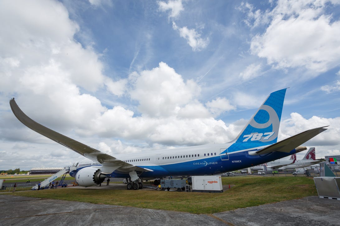 The Boeing 787-9 on display at the Farnborough International Airshow.