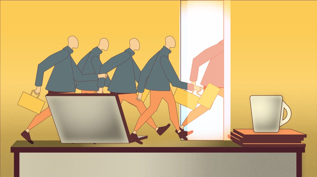 Illustration showing office workers heading for the exit