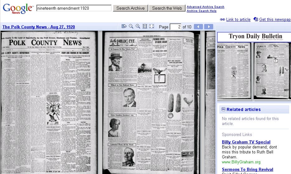Google's newspaper archive search and display effort is supported by ads, visible on the right edge.