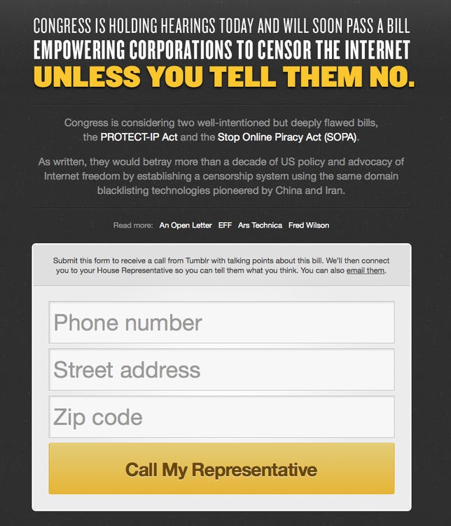 Tumblr's virtual call to arms against SOPA during November's U.S. House of Representatives hearing.