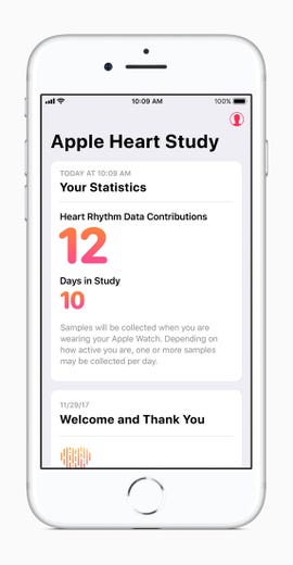 Paired with the Apple Watch, the Heart Study app collects data on a person's heart rhythms and notifies them if they might be experiencing atrial fibrillation.