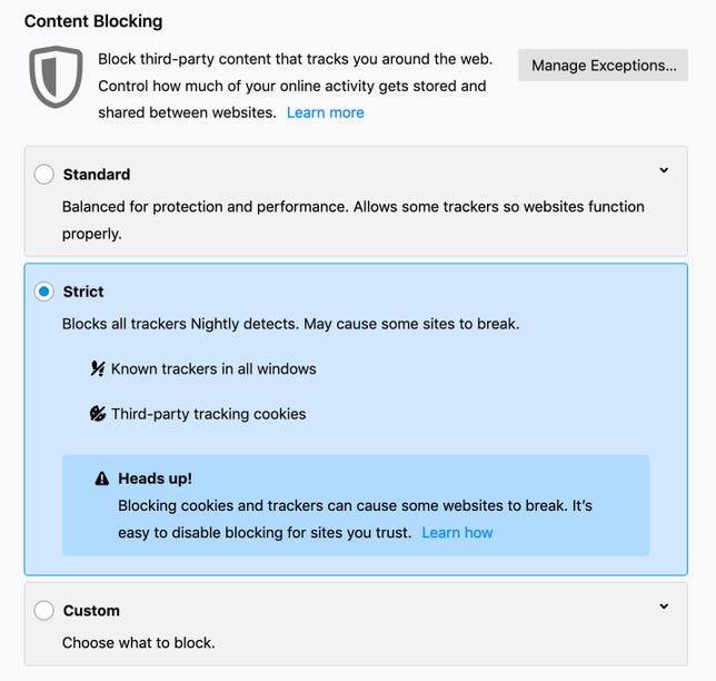 Firefox 65 gets new privacy controls: standard, strict and custom.