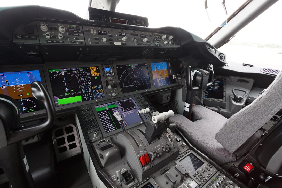 The Boeing 787-9's cockpit on display at Farnborough, UK.