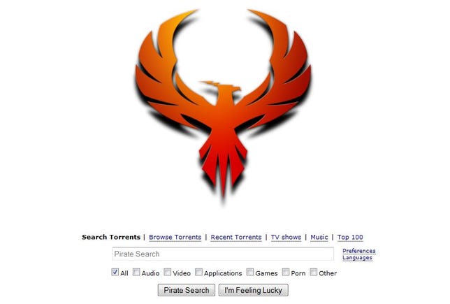 A defiant pheonix rising from the ashes has replaced the usual Pirate Bay logo of a buccaneer's ship.