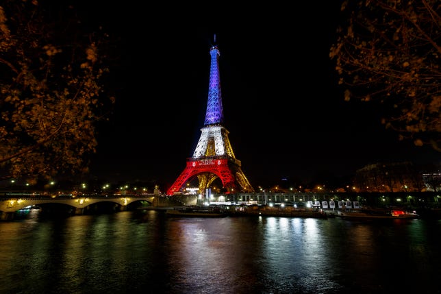 The Eiffel Tower in French flag colors after the terrorist attacks of November 13, 2015