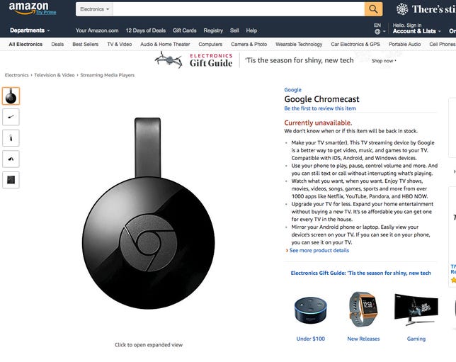 The Google Chromecast listing on Amazon.com on Thursday.
