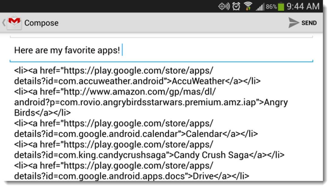 Android app list pasted to Gmail