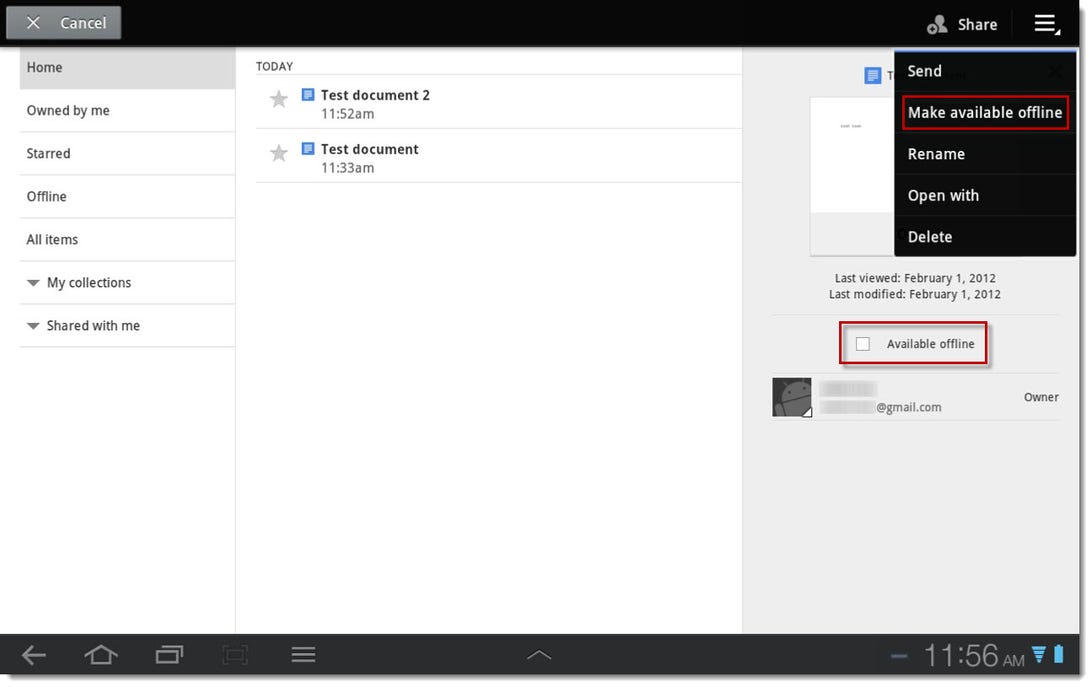 Google Docs offline viewing on Android tablet