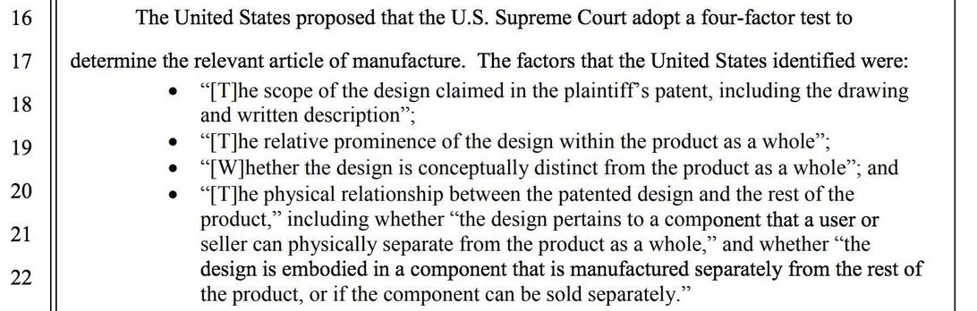 In October 2017, US District Judge Lucy Koh ordered Samsung and Apple to use a four-factor test to determine the article of manufacture to which a design patent applies -- and thus on which profits are calculated to determine the design patent infringemen