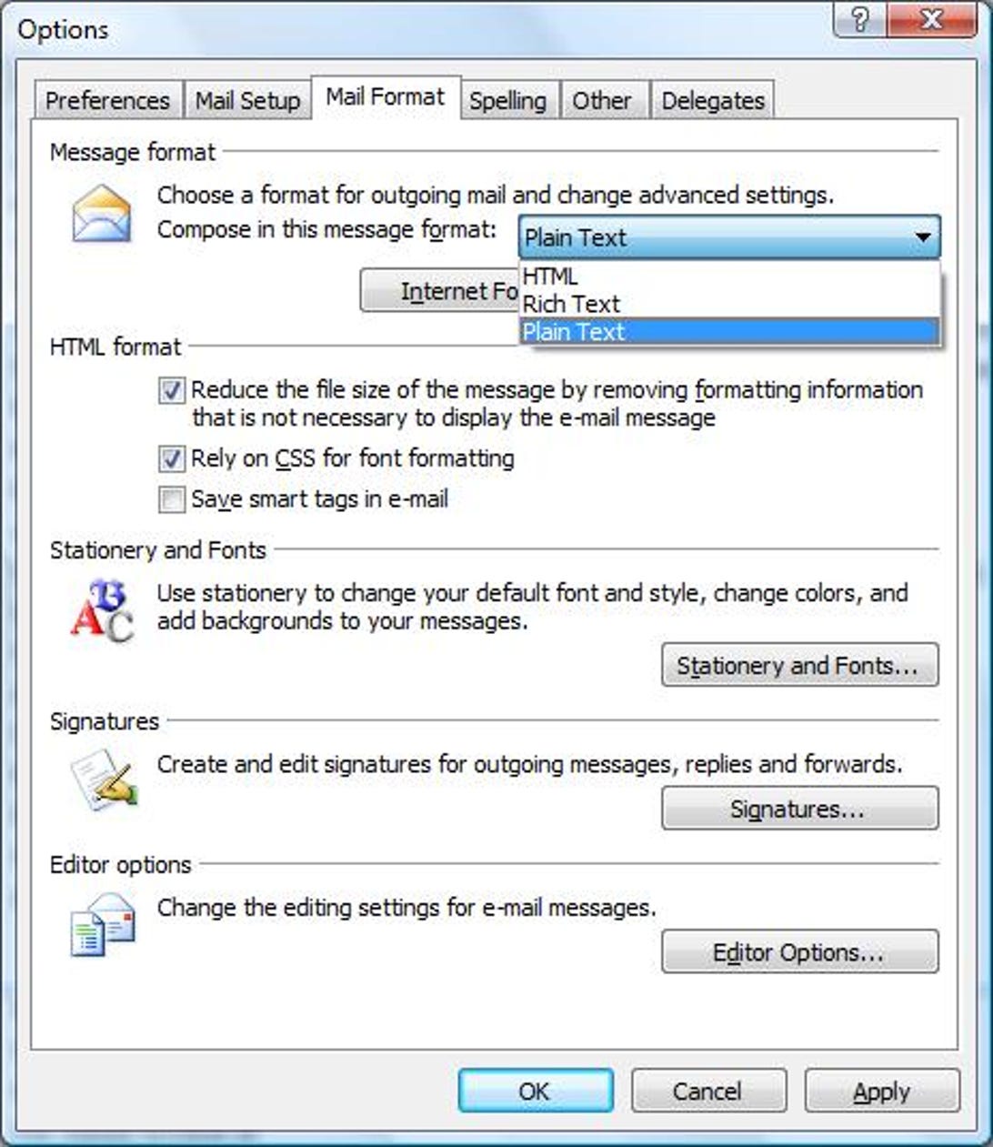 Microsoft Outlook 2007 Mail Format Options dialog box