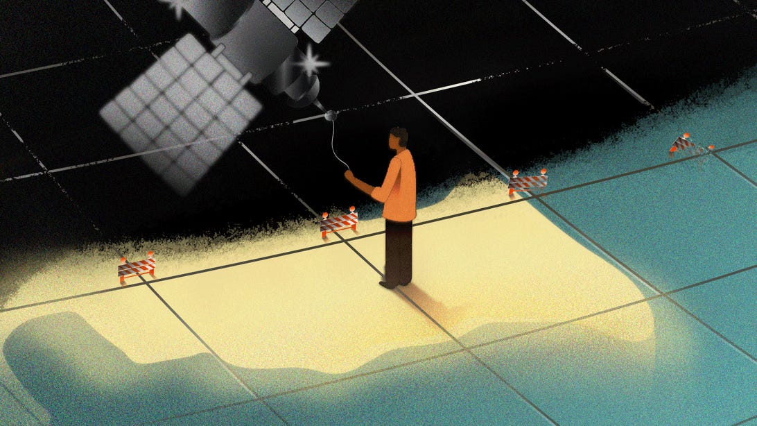 Illustration showing a satellite and a person standing on a map