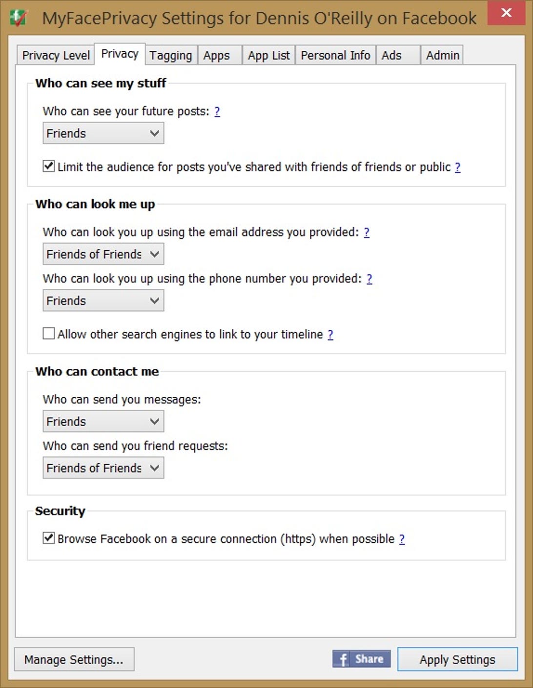 MyFacePrivacy's privacy-settings dialog box