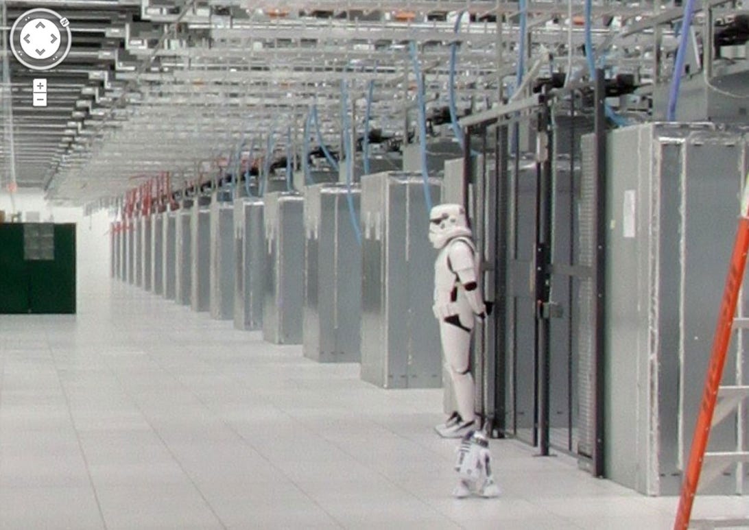 Google's Street View tour of a North Carolina data center includes this humorous view of including a stormtrooper and R2-D2 droid from Star Wars.