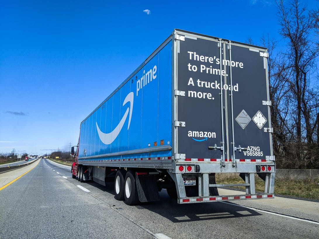 An Amazon Prime truck on the road