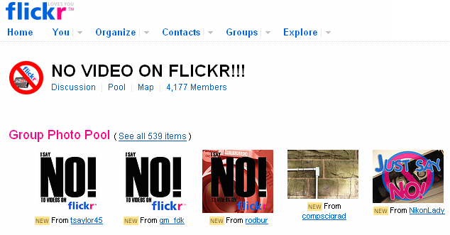 Members of the No Video on Flickr group have posted hundreds of images protesting the photo-sharing site's inclusion of video.