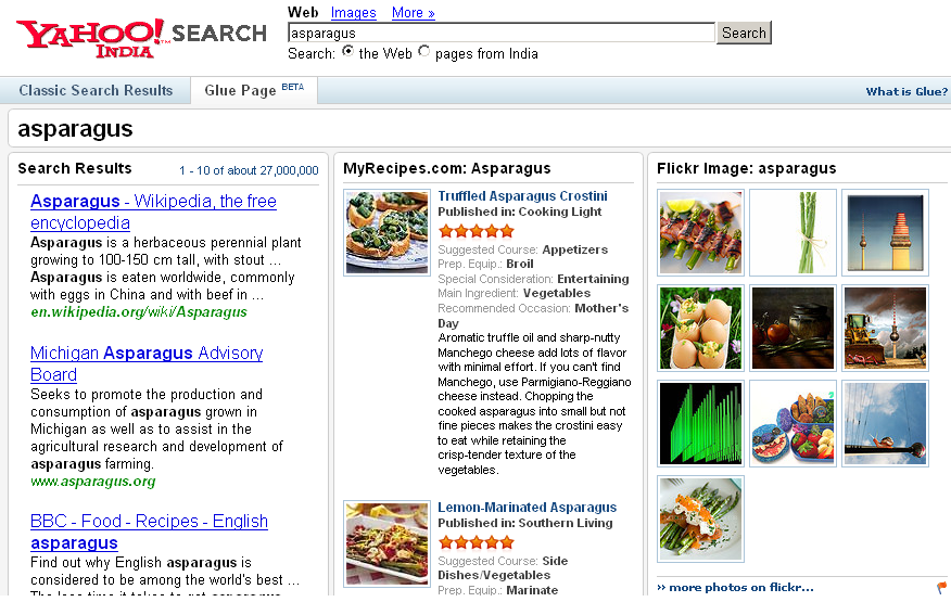 Yahoo Glue Pages build a mini-portal around search results. It's in testing in India.