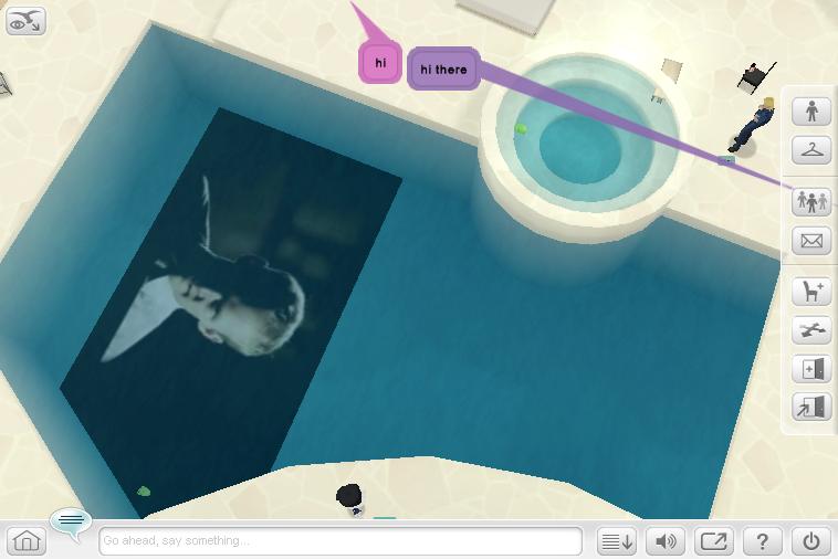 A decidedly tame video plays on the bottom of a pool in a Google Lively chat room called 'porn place.'