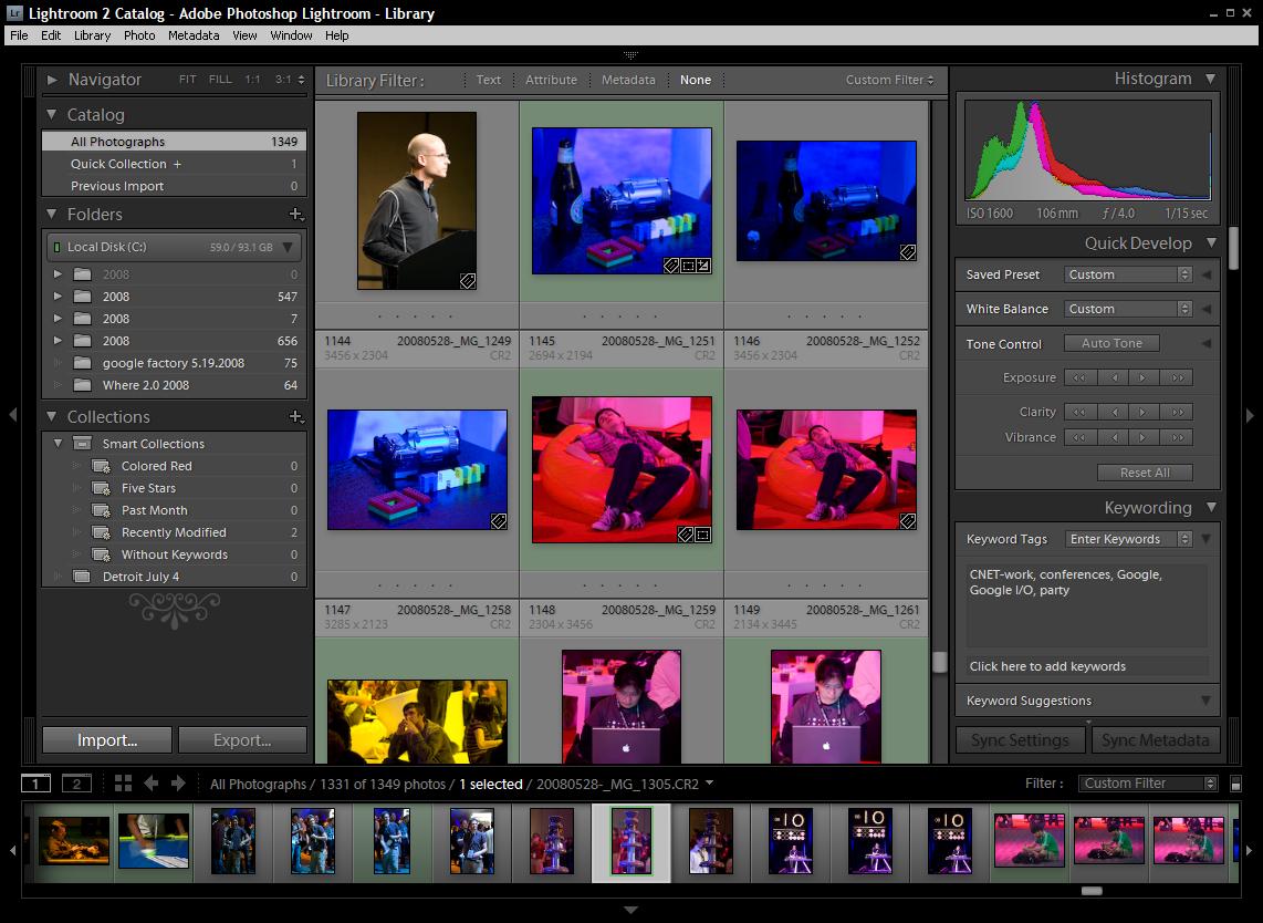 Adobe Photoshop Lightroom features a task-oriented interface. Shown here is the 'Library' view for sorting, tagging, and organizing photos.